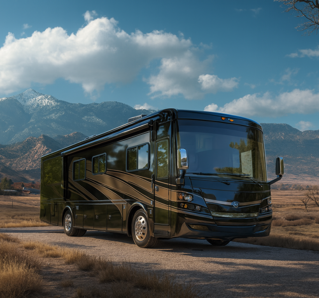 A class A motorhome in an rv site with the a picnic tabel nearby and the sun rising in the distance at Happy Acres RV Park in Pueblo, Colorado.