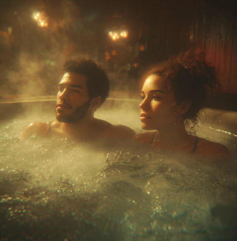 A couple relaxing in a hot tub with steam all around them at A field with the mountains in the distance with a bluish hue on the mountains near Happy Acres RV Park in Pueblo, Colorado.